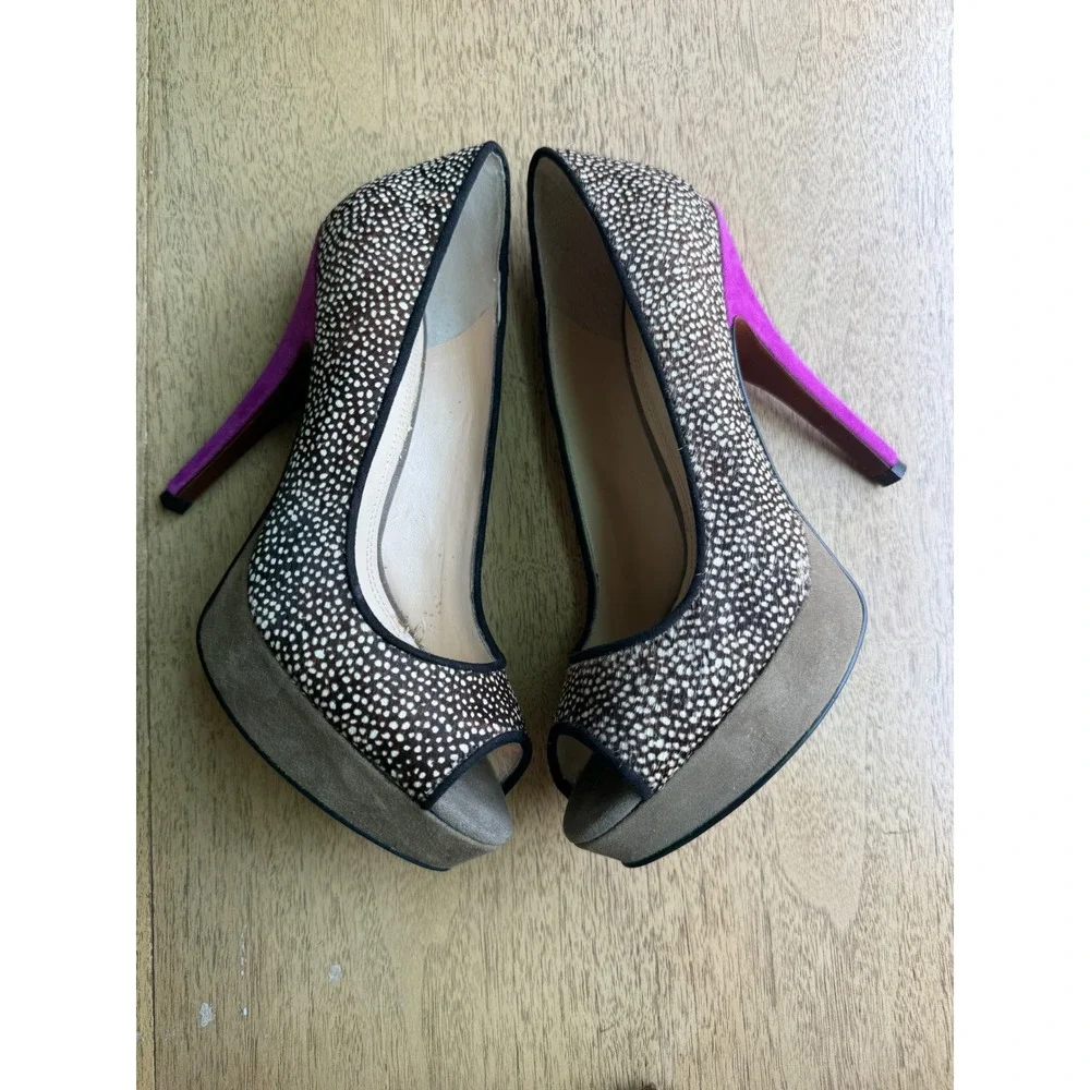 Enzo Angiolini Spotted Calf Hair Peep Toe Platform Pumps Purple Heel Womens 6M